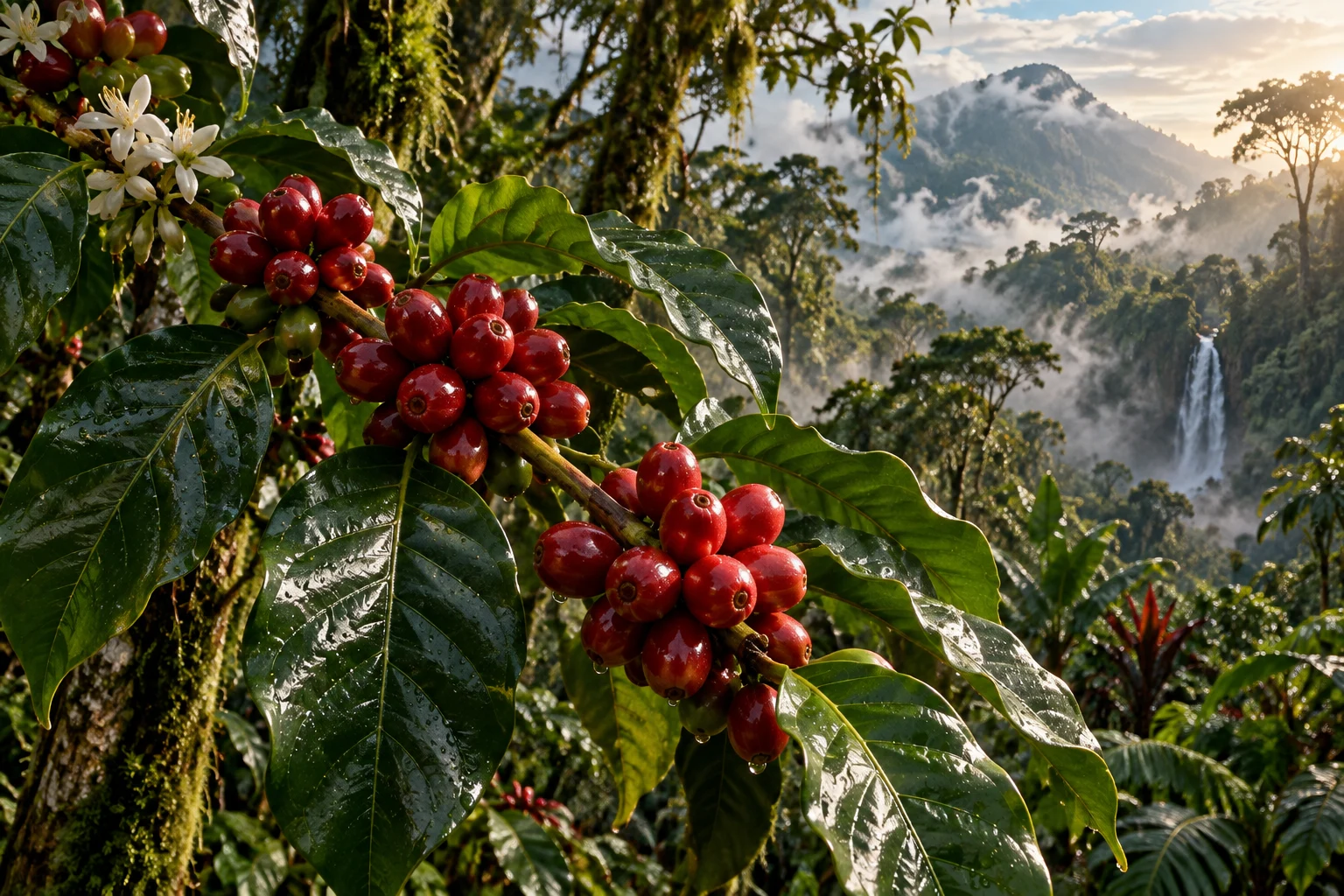 Cerises et feuilles de café illustratives introduisant un article sur Coffea canephora.