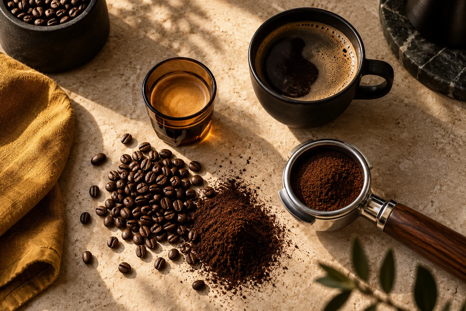Nature morte illustrée avec un expresso, un Americano et du café moulu