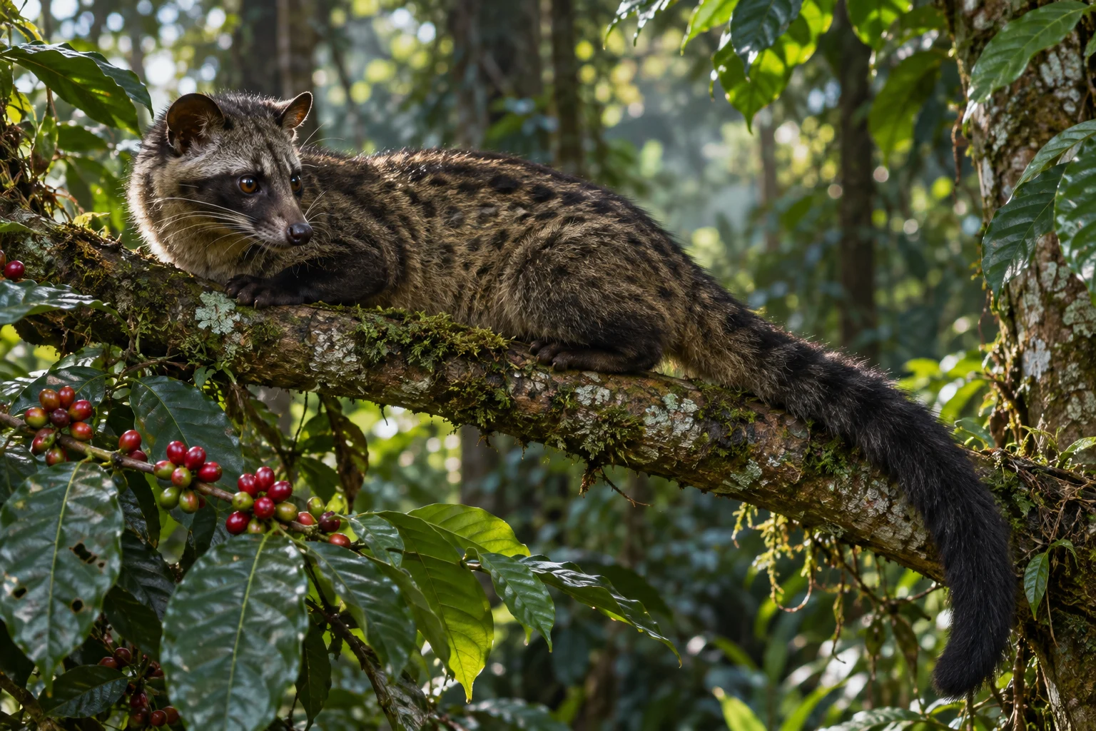 Illustration originale d’une civette palmiste asiatique reposant librement sur une branche de forêt tropicale