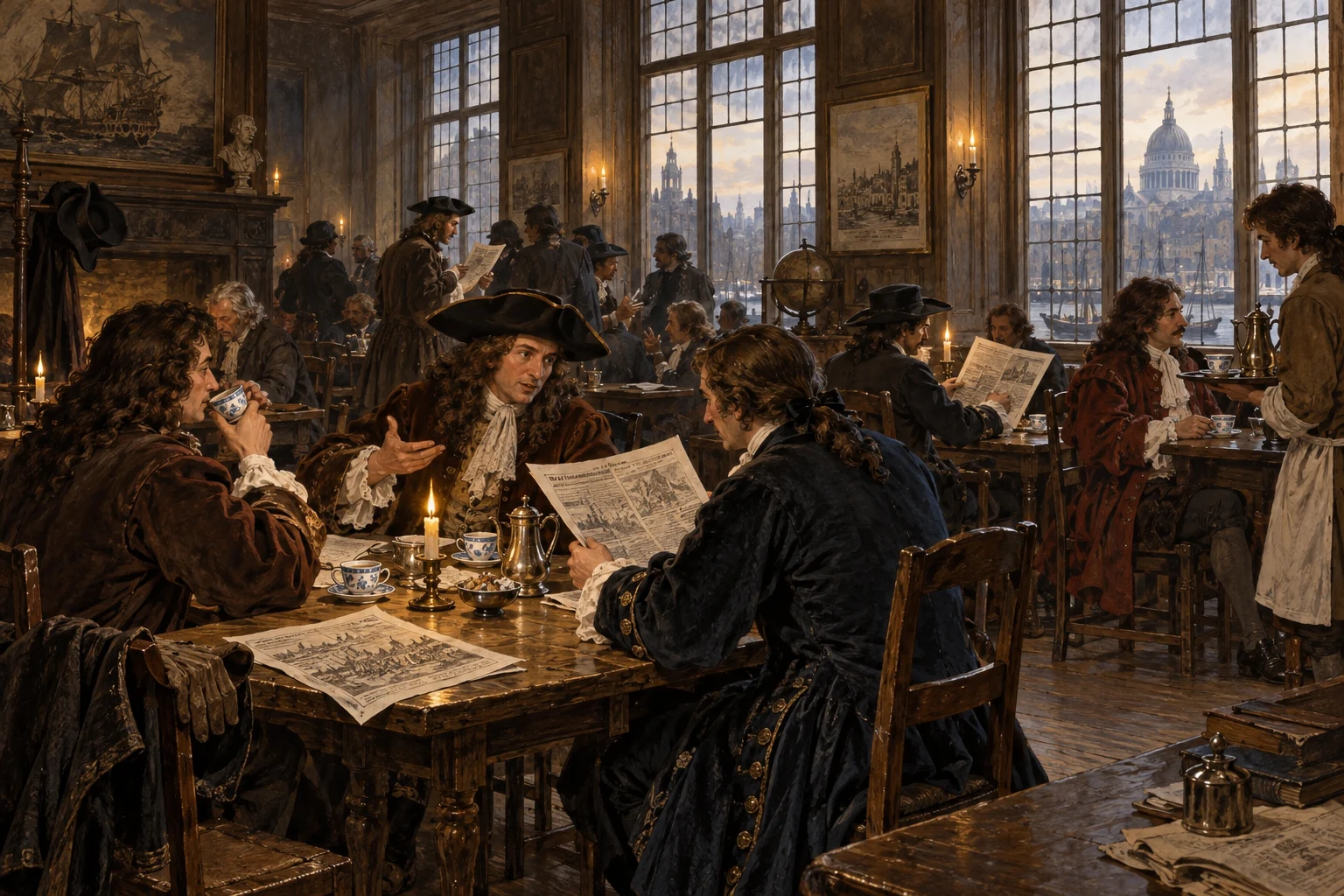 Reconstitution artistique d’un café londonien avec des lecteurs et des marchands