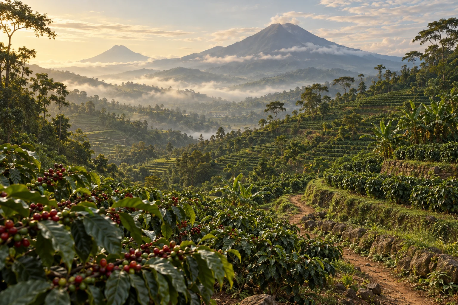 Illustration originale de terrasses de café cultivées dans un paysage montagneux javanais