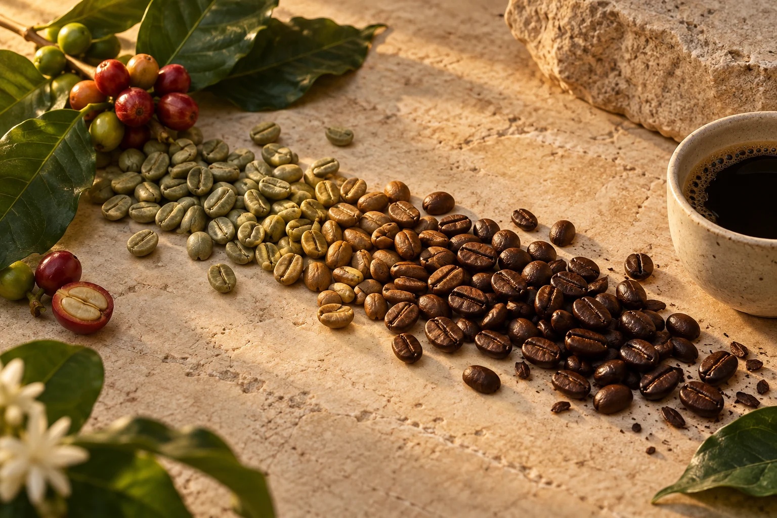 Illustration originale de nature morte avec grains verts, grains torréfiés et tasse de café