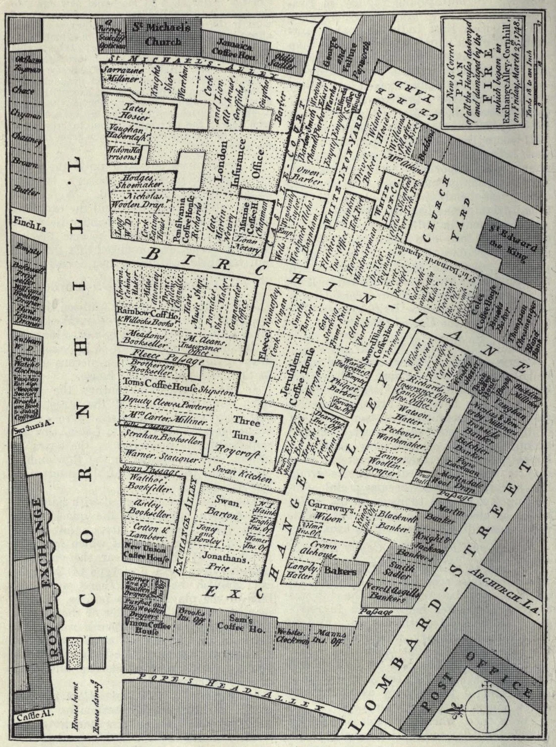 Carte en noir et blanc des cafés regroupés autour d’Exchange Alley à Londres