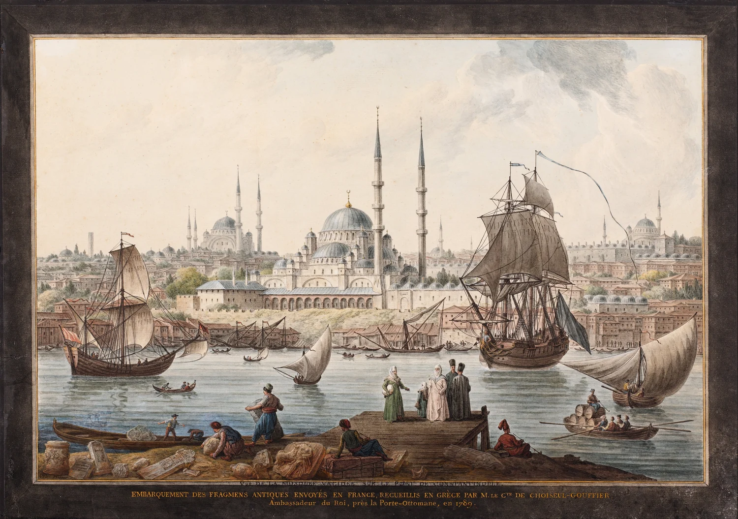 Aquarelle historique de bateaux et de personnes sur le front de mer d’Istanbul près de Yeni Camii