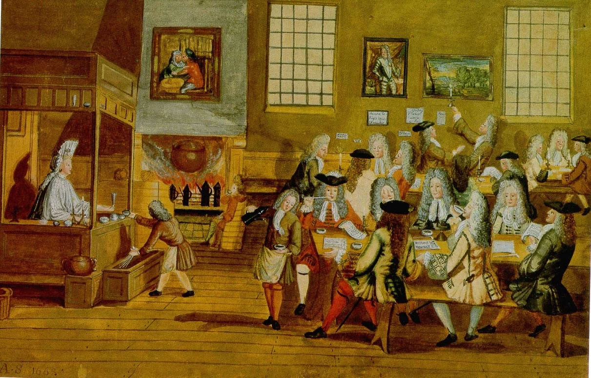 Dessin historique d’hommes assis autour de tables dans un café londonien