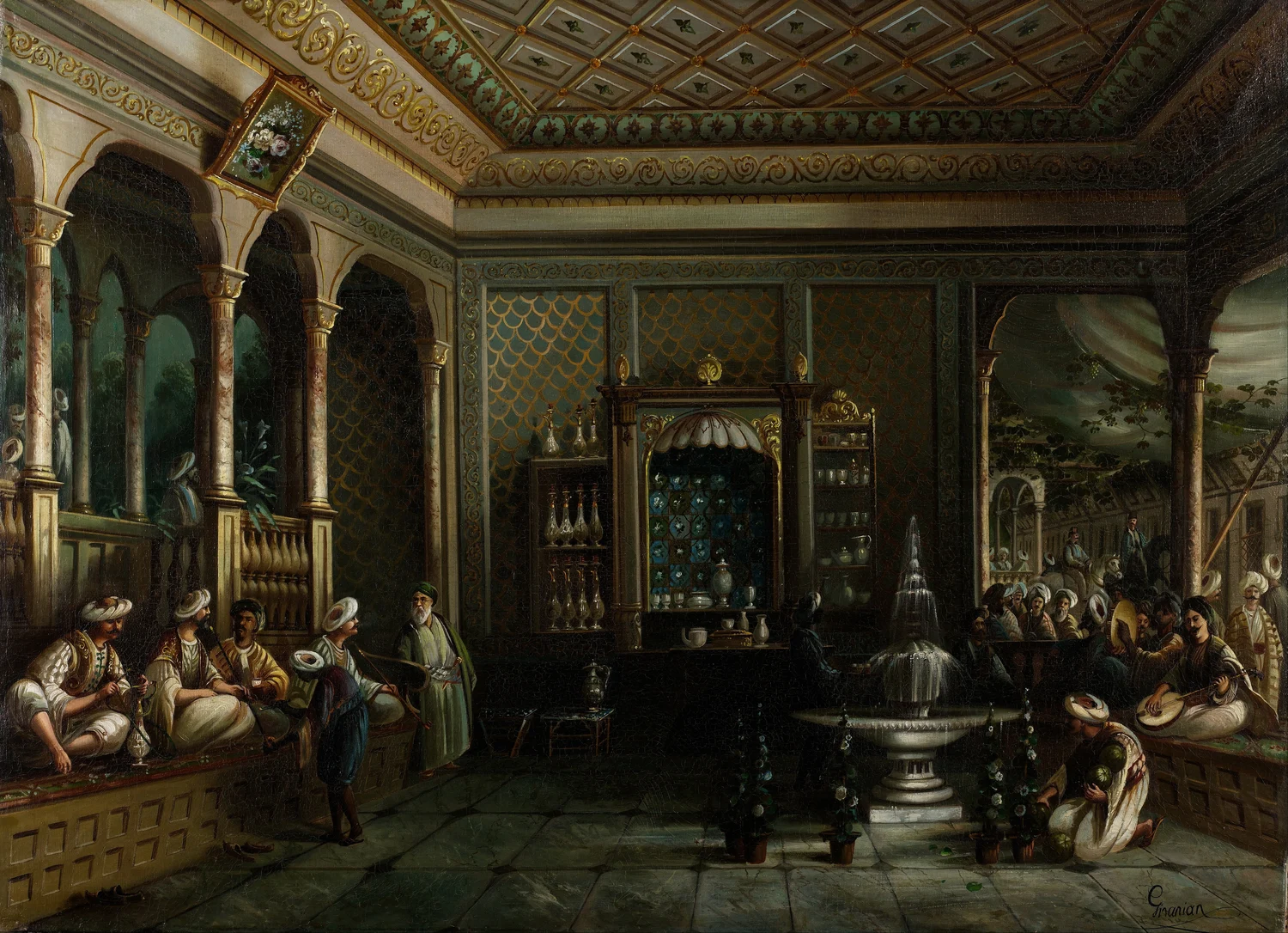 Peinture d’un vaste café de Tophane avec des clients assis et de hautes colonnes décorées