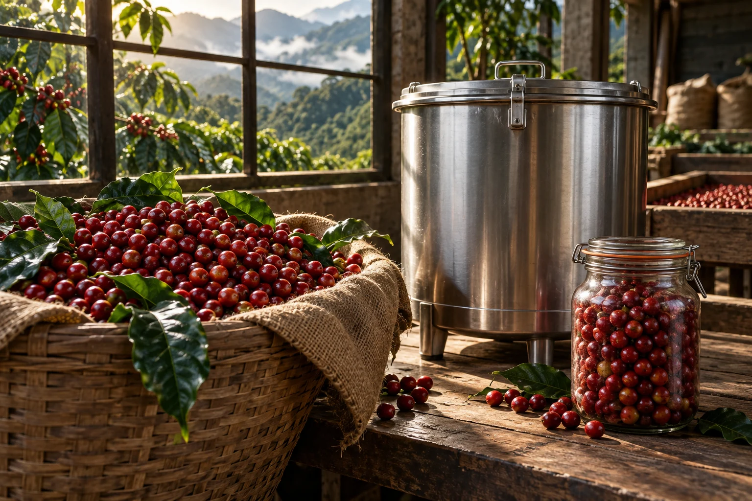 Illustration de cerises de café à côté d’une cuve de fermentation
