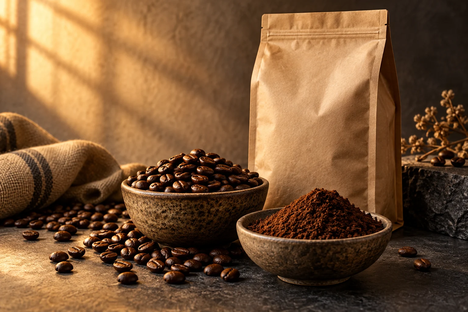 Illustration d’un sachet de café scellé à côté de grains entiers et de café moulu