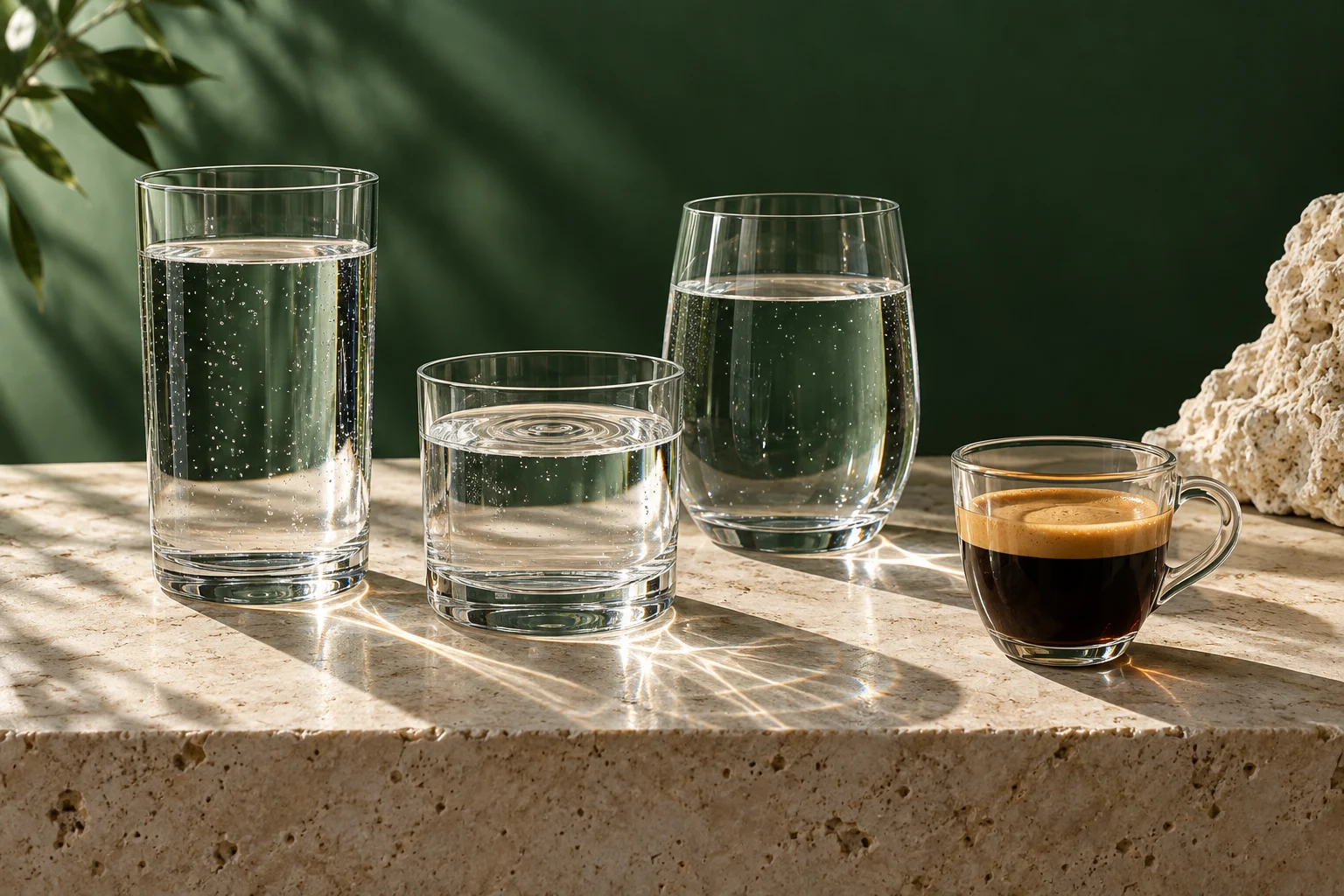 Illustration de verres d’eau traversés de lumière réfractée à côté d’un expresso
